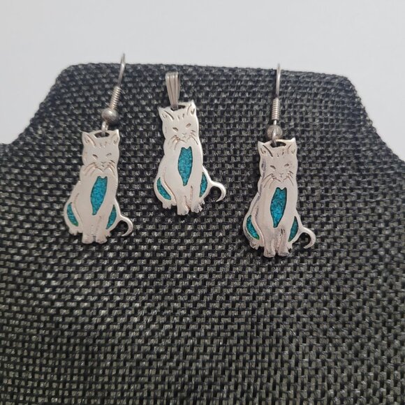 Cat Pendant & Dangle Earrings Sterling Silver Blue Inlay Kitty Lover Jewelry - Picture 3 of 15